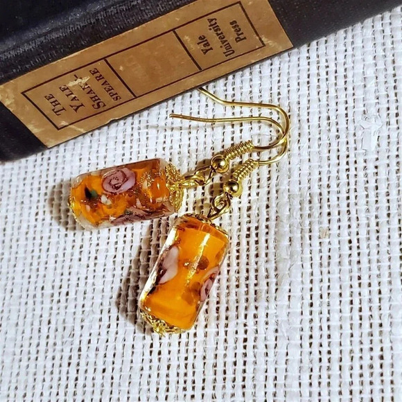 Orange Murano Lampwork Glass Flower Inside Vintage Beads Round Tube Earrings - Picture 6 of 11